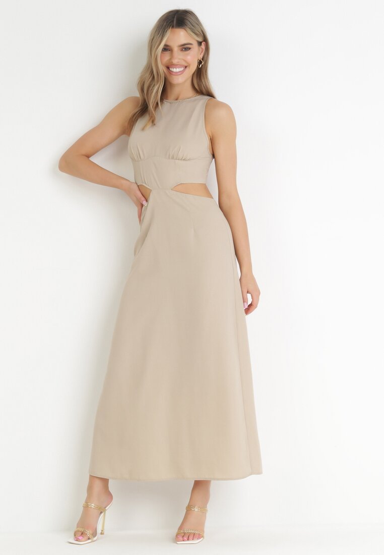 Rochie Trapez Maxi Bej cu decupaje Amandika