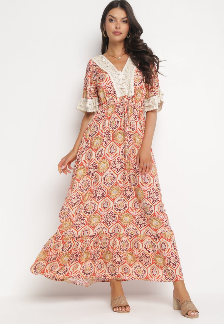Rochie Maxi Portocalie în stil Boho din viscoză decorată cu dantelă și volan Kamrius
