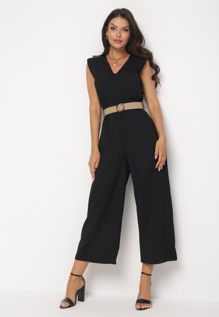 Salopetă Neagră cu fermoar, cu pernuțe la umeri și curea cu cataramă