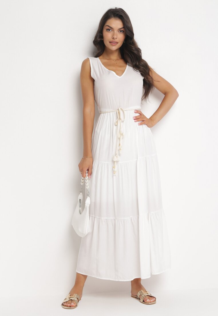 Rochie Maxi Cloș Albă cu șnur împletit în talie Ralica