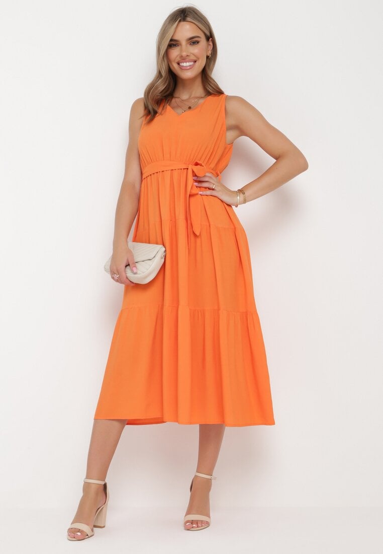 Rochie midi portocalie din viscoză cu elastic în talie și curea din material Bicuh