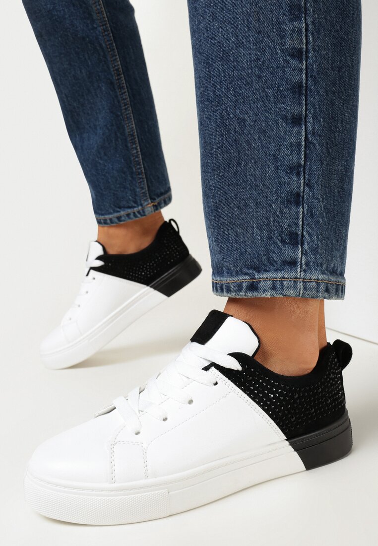 Adidași Alb-Negru Cu șireturi Cu talpă plată Cu zirconii decorative Gimena