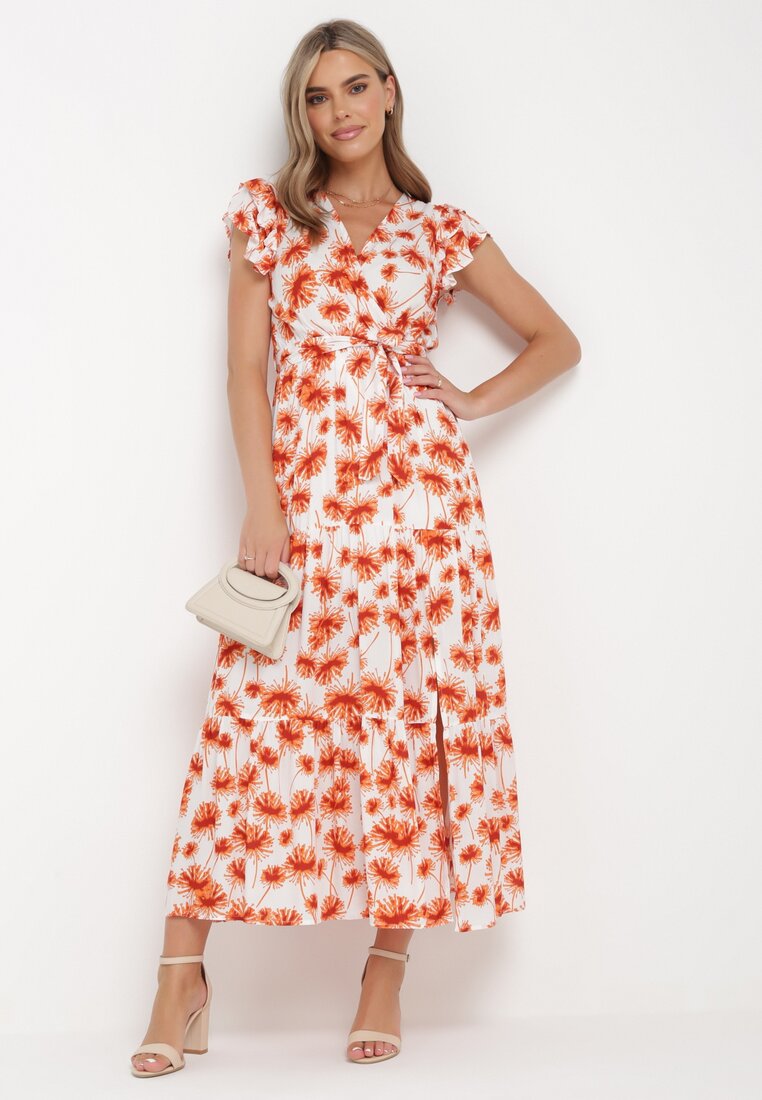 Rochie portocalie din Viscoză Maxi cu Decolteu Petrecut, Elastic în Talie și Volane Ayzley