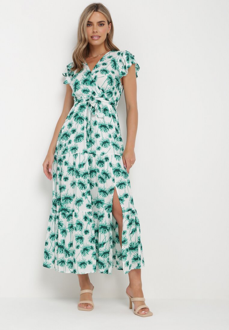 Rochie Verde din viscoză Maxi cu decolteu petrecut cu elastic în talie și volane Ayzley