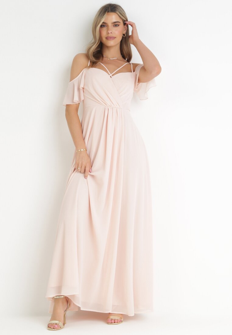 Rochie Maxi Roz Evazată cu bretele subțiri încrucișate Hendina