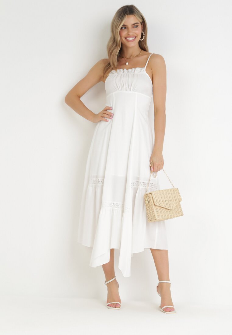 Rochie Maxi Albă Evazată cu Aplicații de Dantelă și Șnur Elenime