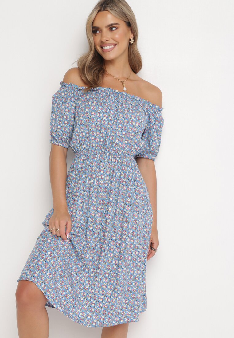 Rochie Albastră din Viscoză cu Decolteu Spaniol și Elastic în Talie Masandrt