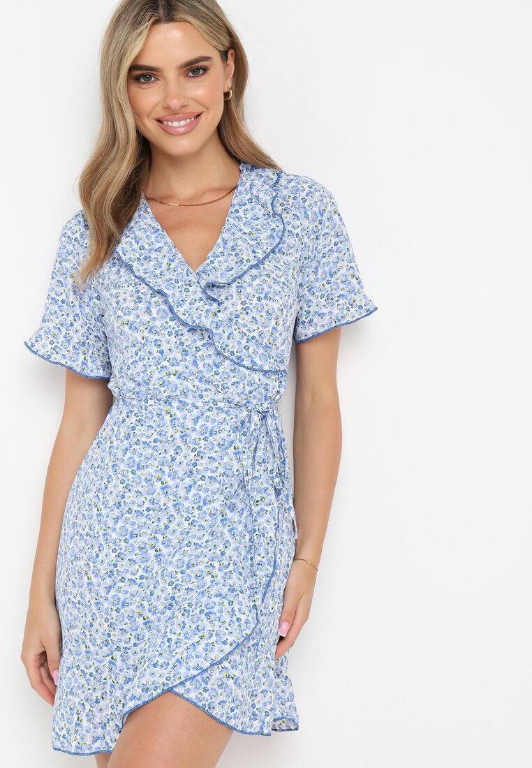 Rochie Petrecută Albastră cu Volan și Legătură în talie Gresling