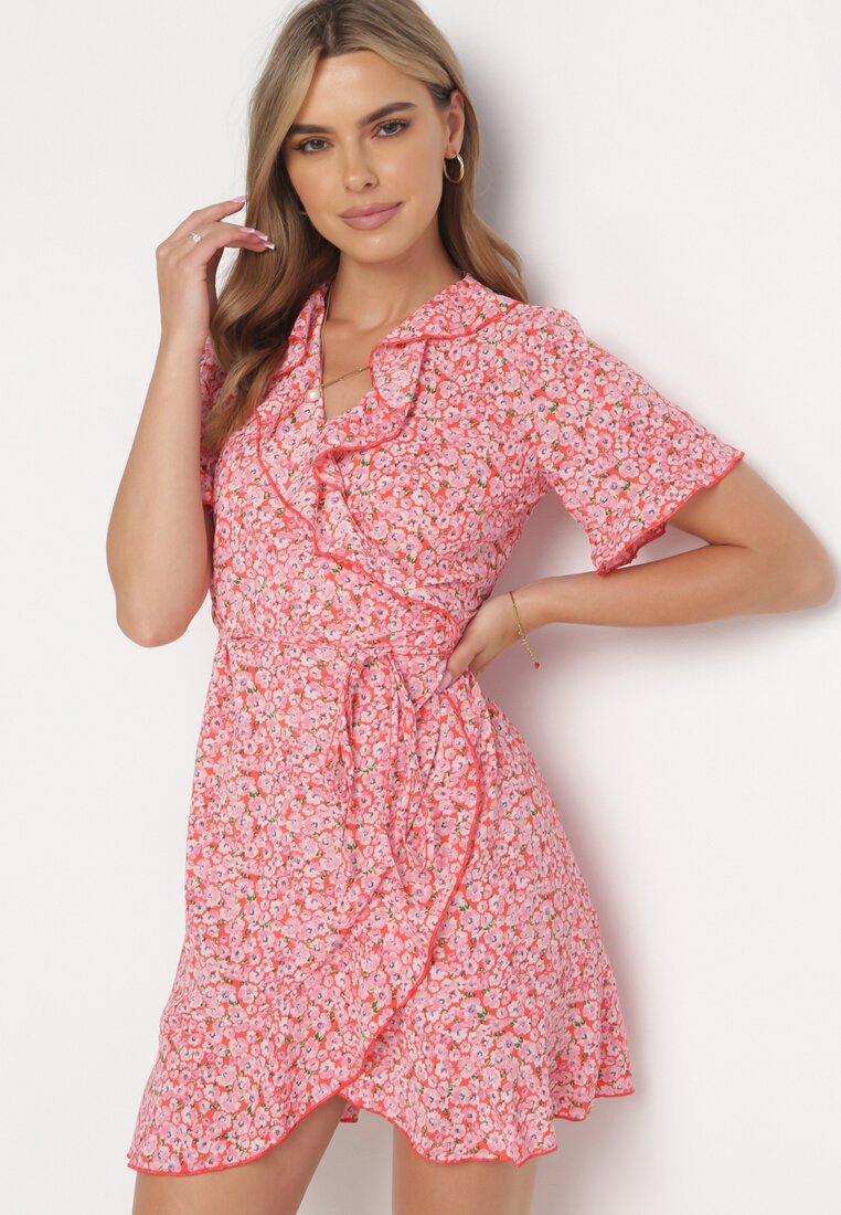 Rochie Roșie Petrecută cu Volan și Legătură în Talie Gresling