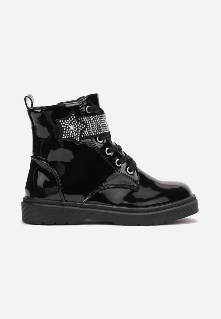 Botine Negre cu talpă plată, cu fermoar și velcro, decorate cu strasuri Derolin