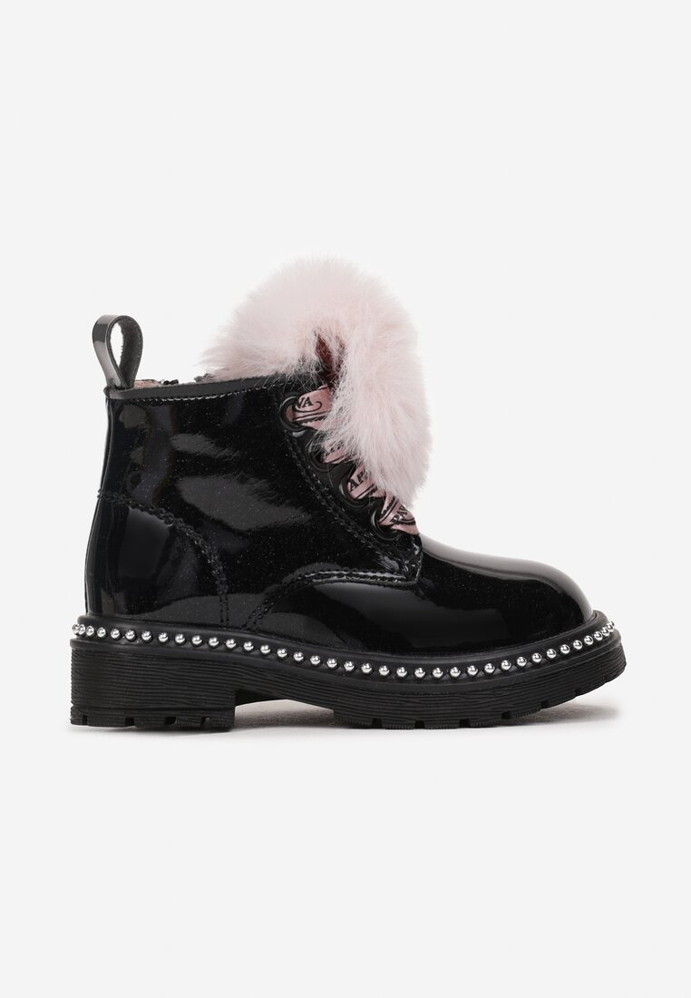 Botine Negru-Roz pe Talpă Plată cu Fire Decorative și Blană Artificială Joava
