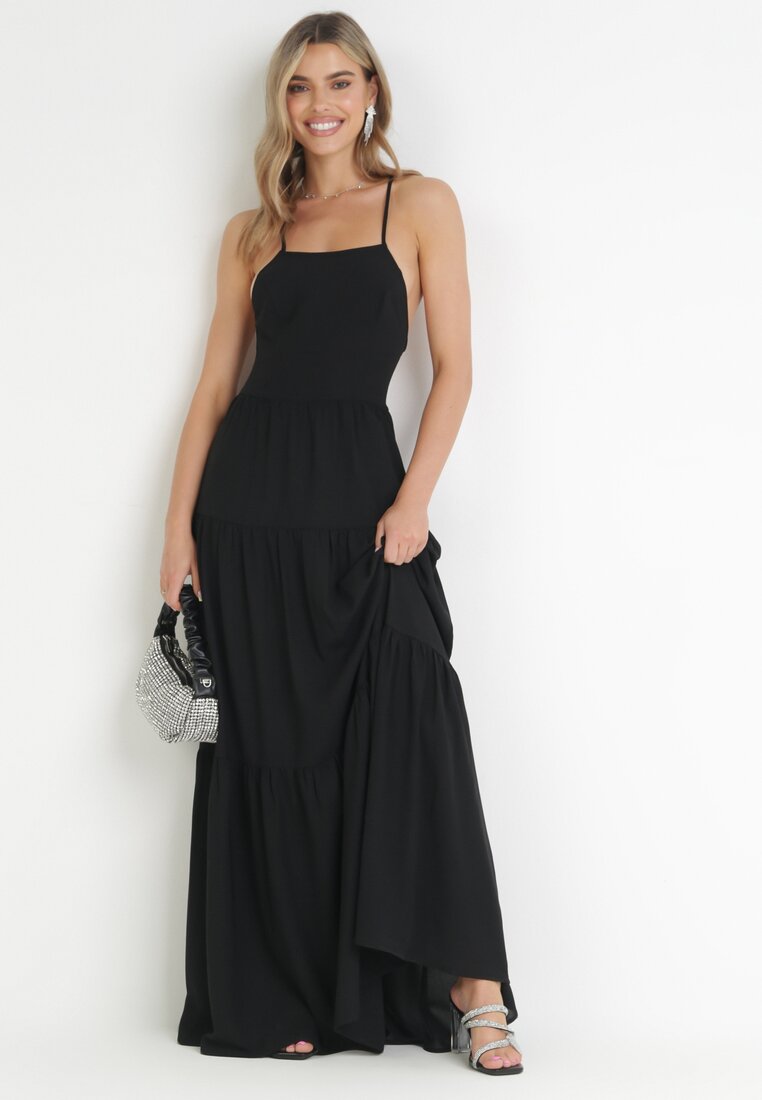 Rochie Maxi Neagră pe bretele subțiri cu legătură la spate decorată cu volane Beatrics