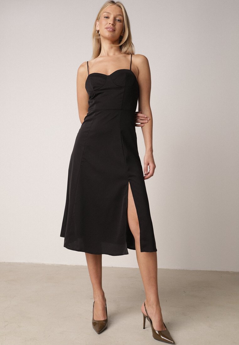 Rochie Neagră Evazată cu bretele cu șliț Sveame