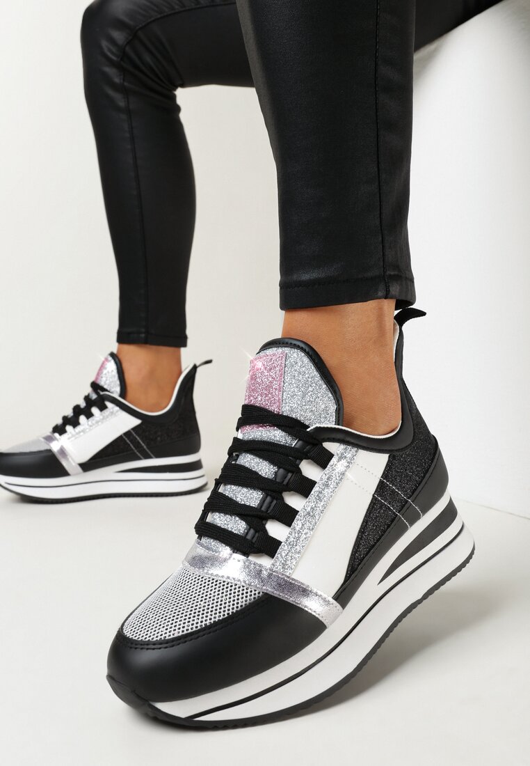 Adidași Negri Cu șireturi pe Talpă Plată Groasă Cu sclipici Reyrel