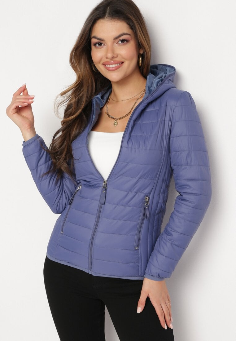 Geacă Matlasată Albastră cu Glugă și cu Buzunare cu Fermoar Viven