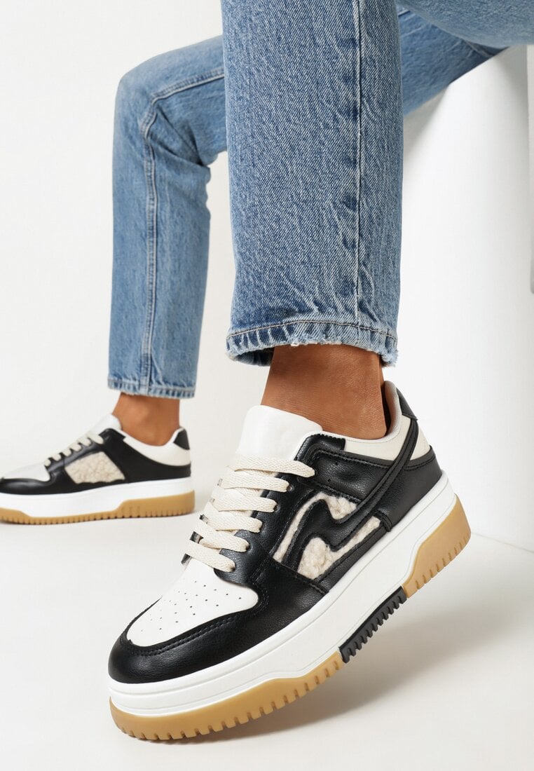 Adidași Negru și Alb Decorați cu blană Verinne