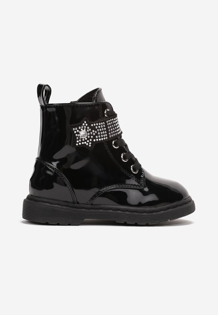 Botine Negre cu șireturi pe Talpă Plată cu velcro cu Zirconii Isilira