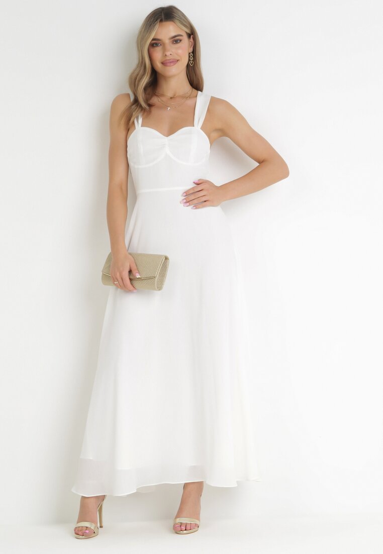 Rochie Albă Maxi cu Legătură Decorativă la Spate Bremte