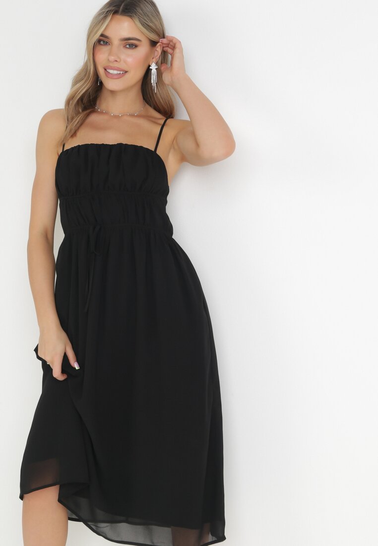Rochie Neagră Evazată Midi cu bretele subțiri cu legătură la talie Tessonne