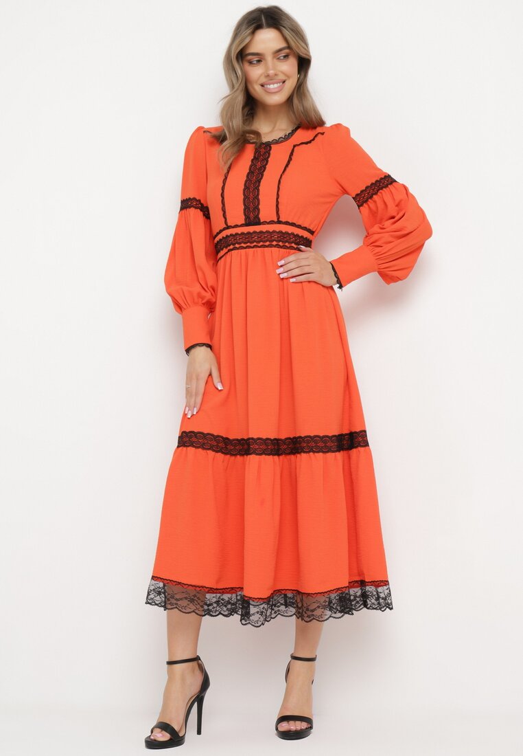 Rochie Cloș Portocalie Maxi Decorată cu Dantelă cu Manșete Nimaga