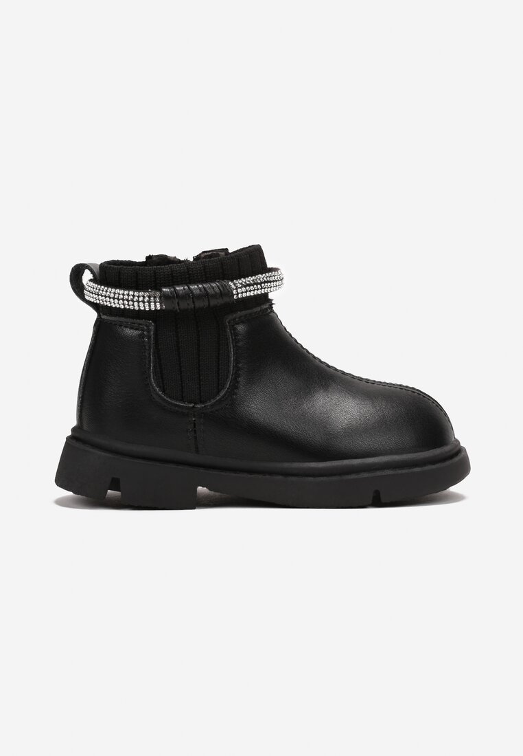 Botine Negre cu Talpă Plată cu Baretă Decorată cu Zirconii Korifa