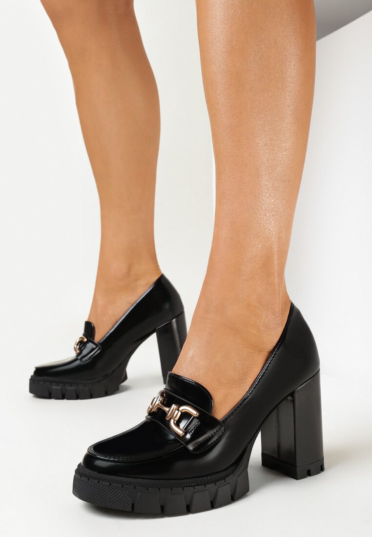 Pantofi Negri cu toc gros cu cataramă Asna