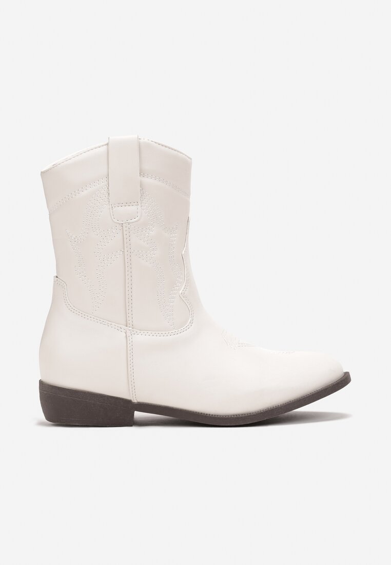 Botine Cowboy Albe cu Ambosare Decorativă pe Carâmb Felori