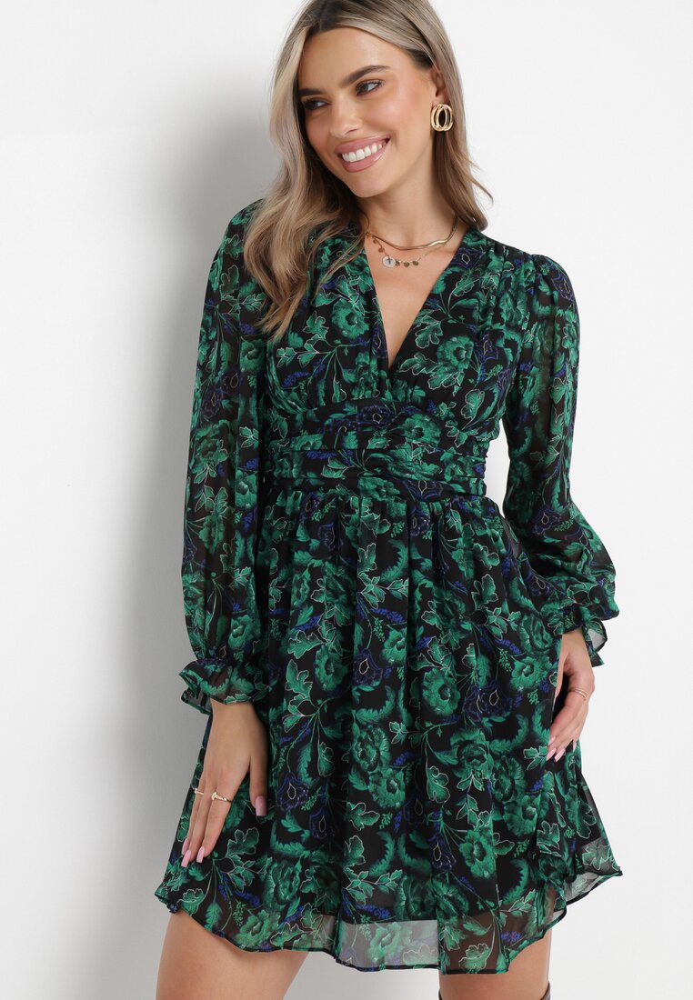 Rochie Mini Verde-Negru cu Decolteu Petrecut Elandra