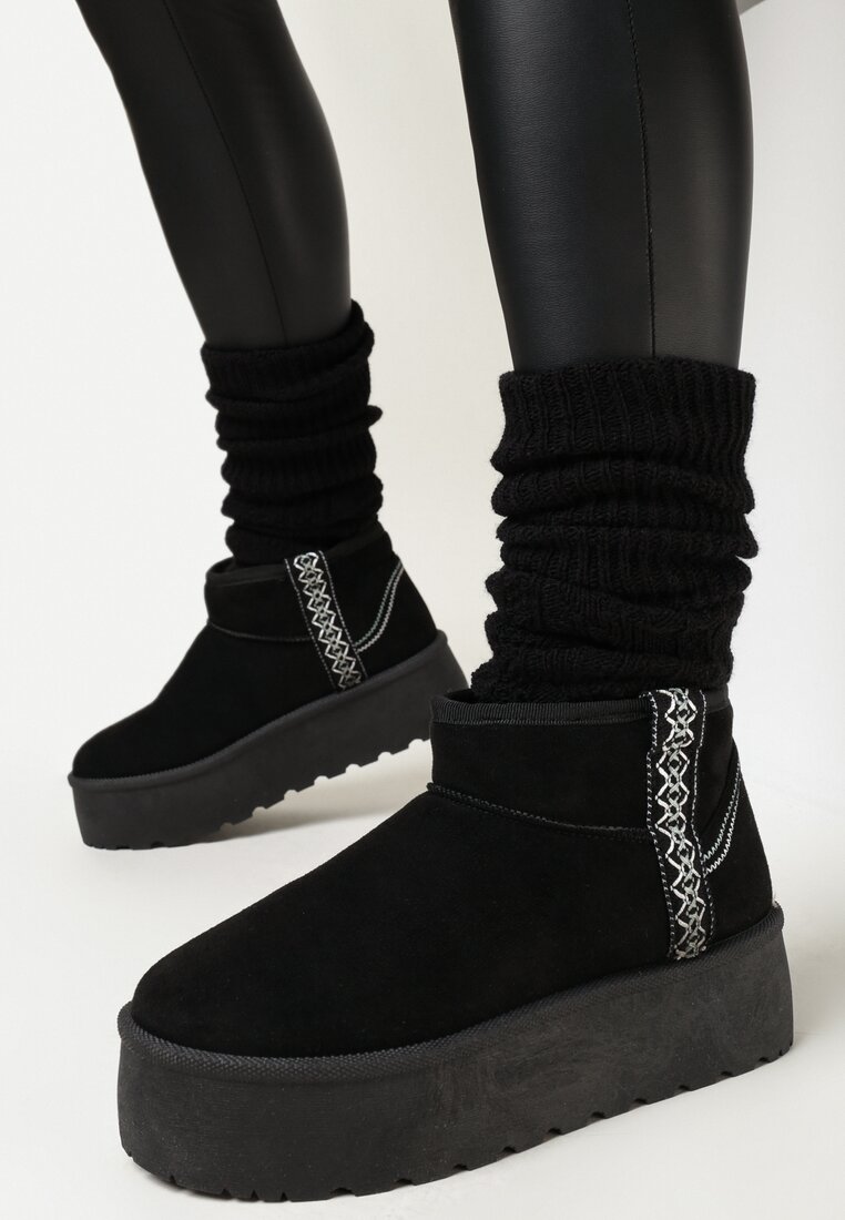Cizme de zăpadă Negre slip-on cu talpă groasă și baretă decorativă Evolin