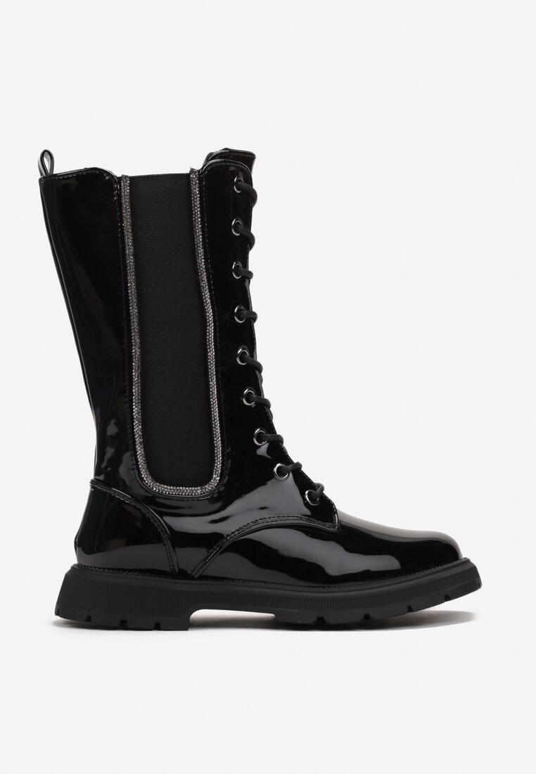 Botine Lăcuite cu Talpă Plată, decorate cu Zirconii, cu Elastic pe Carâmb Elarina