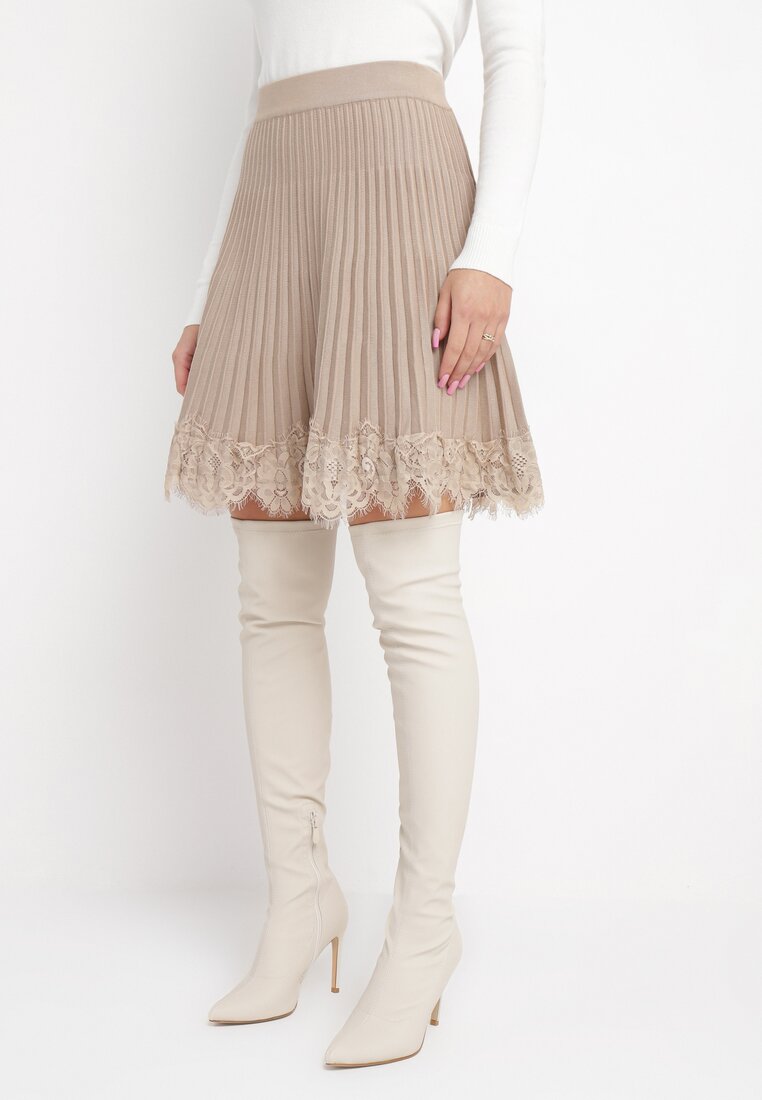 Fustă mini bej cu elastic în talie cu dantelă Cales