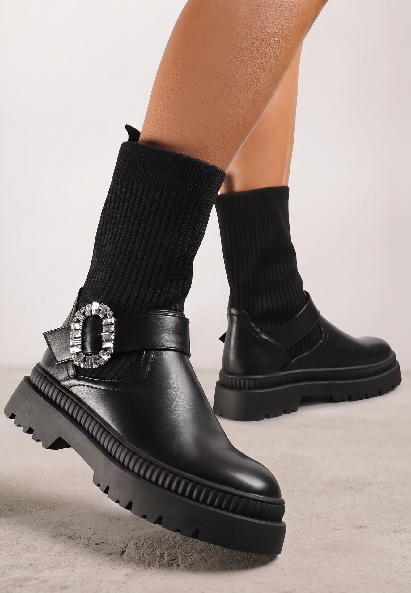 Ghete tip worker Negre slip-on cu Cristale și Tijă Elastică din Tricot Vutuma