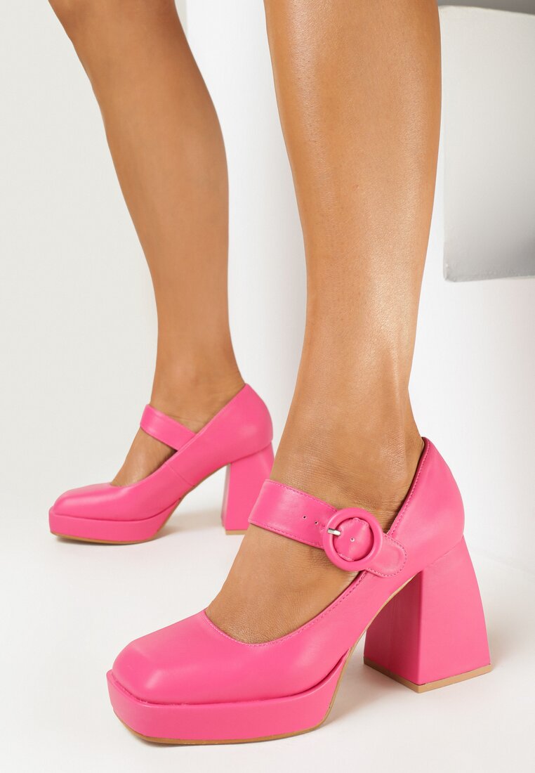 Pantofi cu toc fucsia cu toc bloc lat cu baretă cu cataramă Miatora