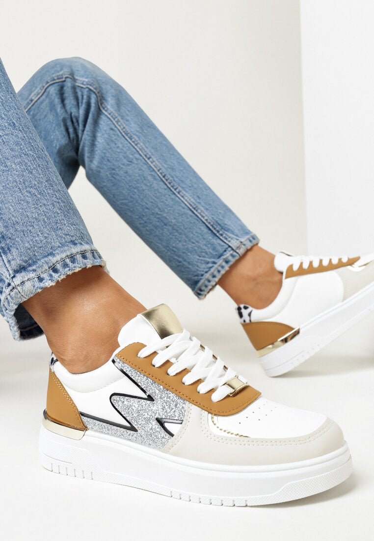 Adidași Alb-Maro cu șireturi pe talpă plată cu inserție metalică și brocată Mebassa