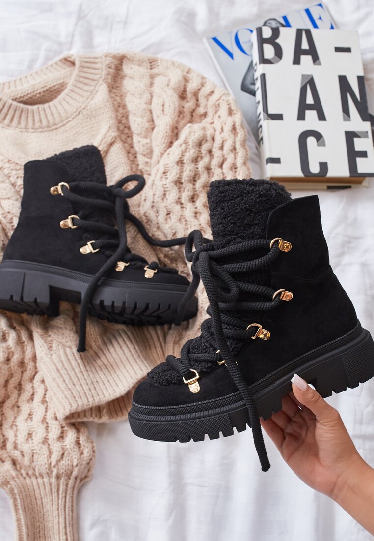 Botine Negre Tip trapper cu Șiret Decorativ și Căptușeală de blană Godhilde