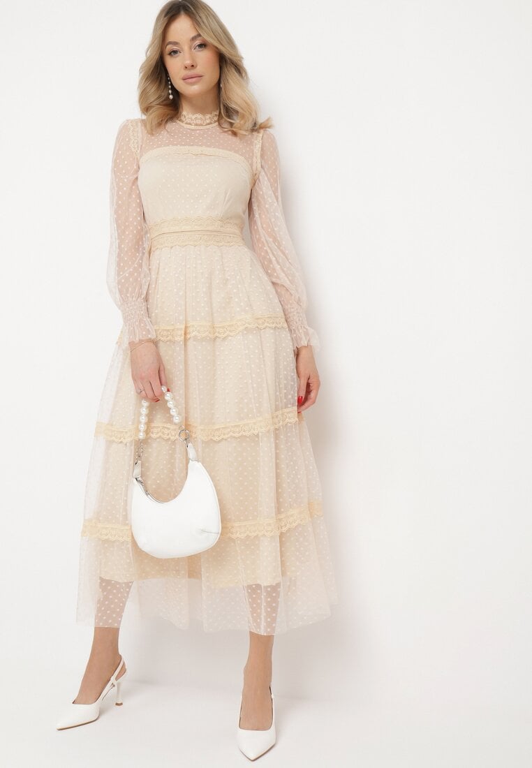 Rochie evazată maxi cu dantelă bej Jorissa