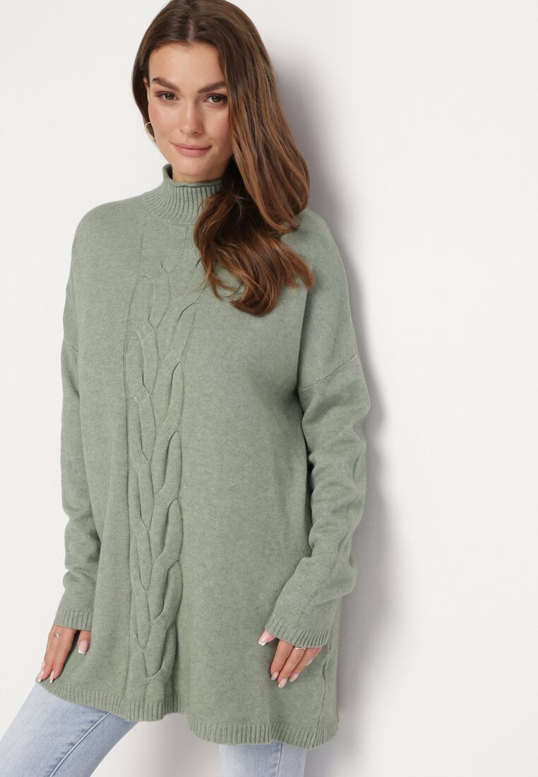Pulover guler înalt Supradimensionat Verde deschis cu Viscoză și Model Decorativ Frontal Goyanes