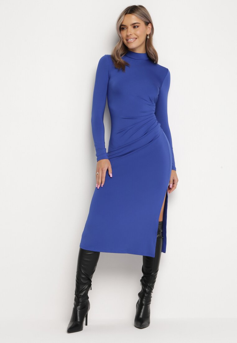 Rochie Midi Cambrată Bleu marin cu semiguler și încrețituri Abigiana