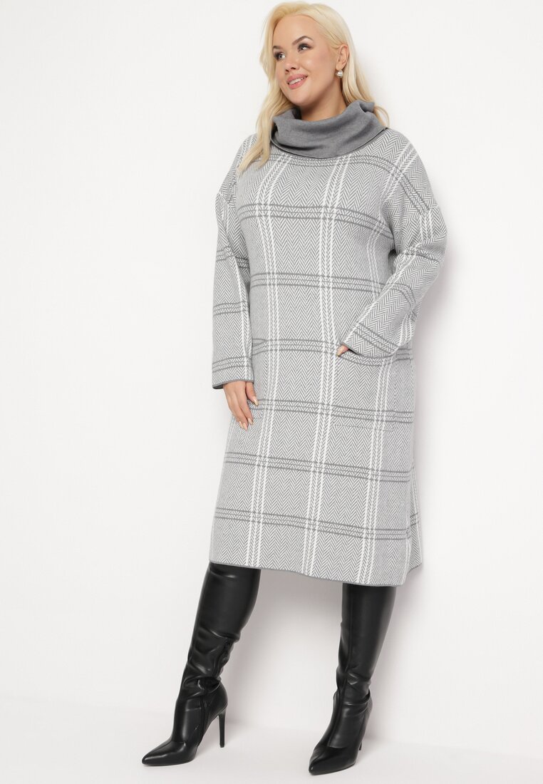 Rochie Gri Tricotată cu Guler amplu Racba
