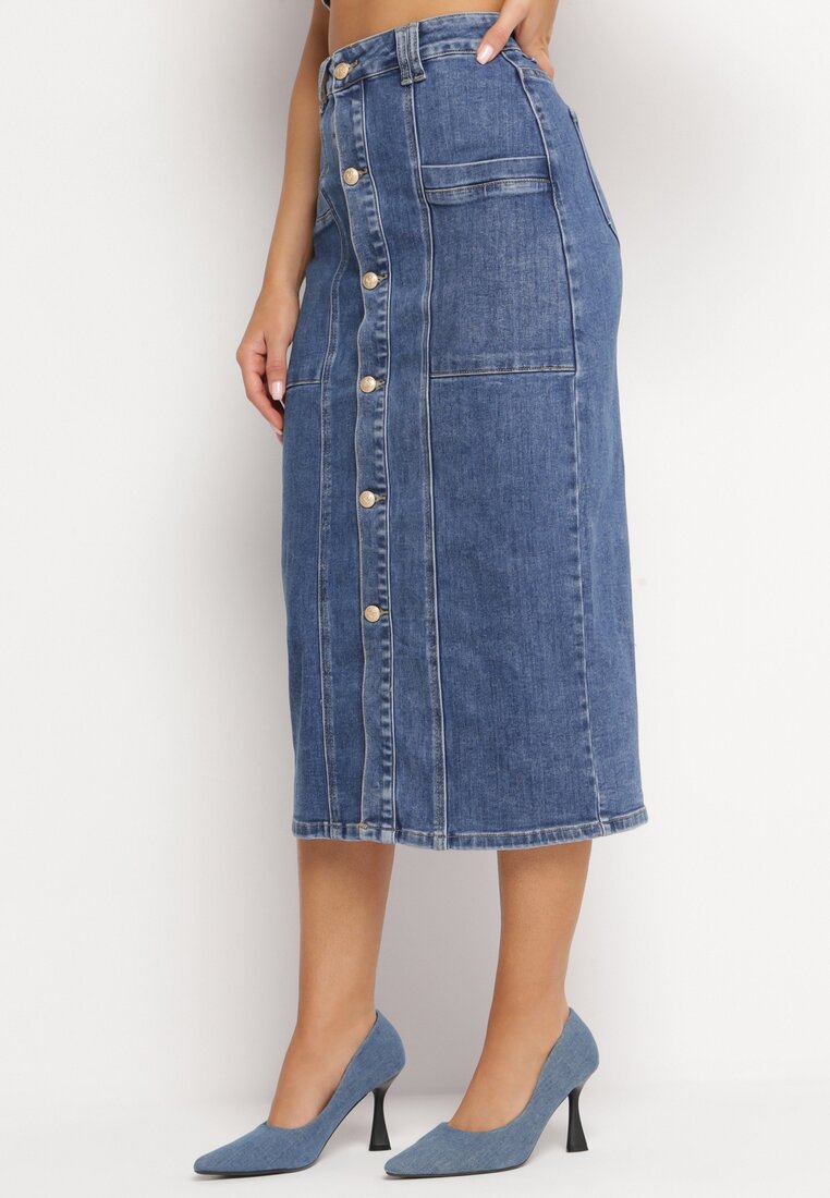 Fustă Albastră Creion Denim Midi cu nasturi Kandela