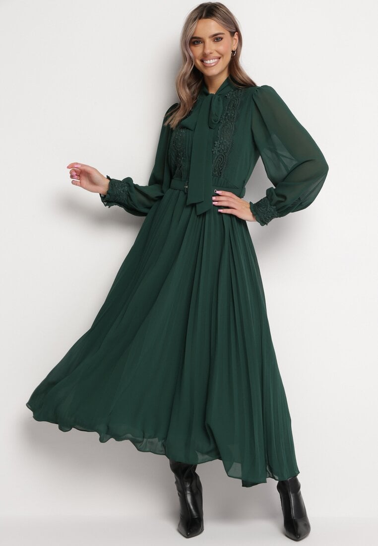 Rochie Rozkloszowana Verde închis Maxi cu Tiv Plisat și Curea Brofilla