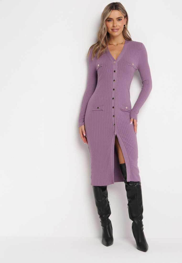 Rochie Violetă Tricotată cu nasturi Gricrana