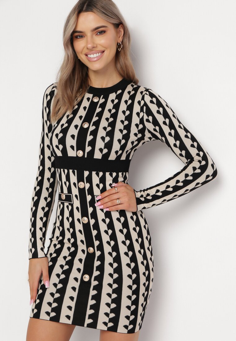 Rochie Mini Tricotată Bej cu Model Geometric Carlas