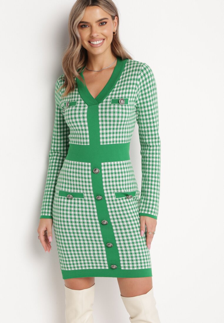 Rochie Tricotată Verde-Albă în Carouri Fevinno