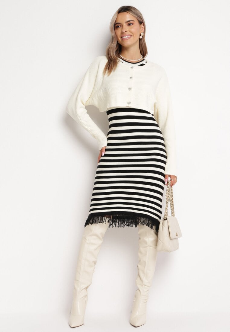 Compleu Bej deschis din două piese Rochie midi cu dungi și franjuri și Cardigan scurt cu zirconii Emoncja