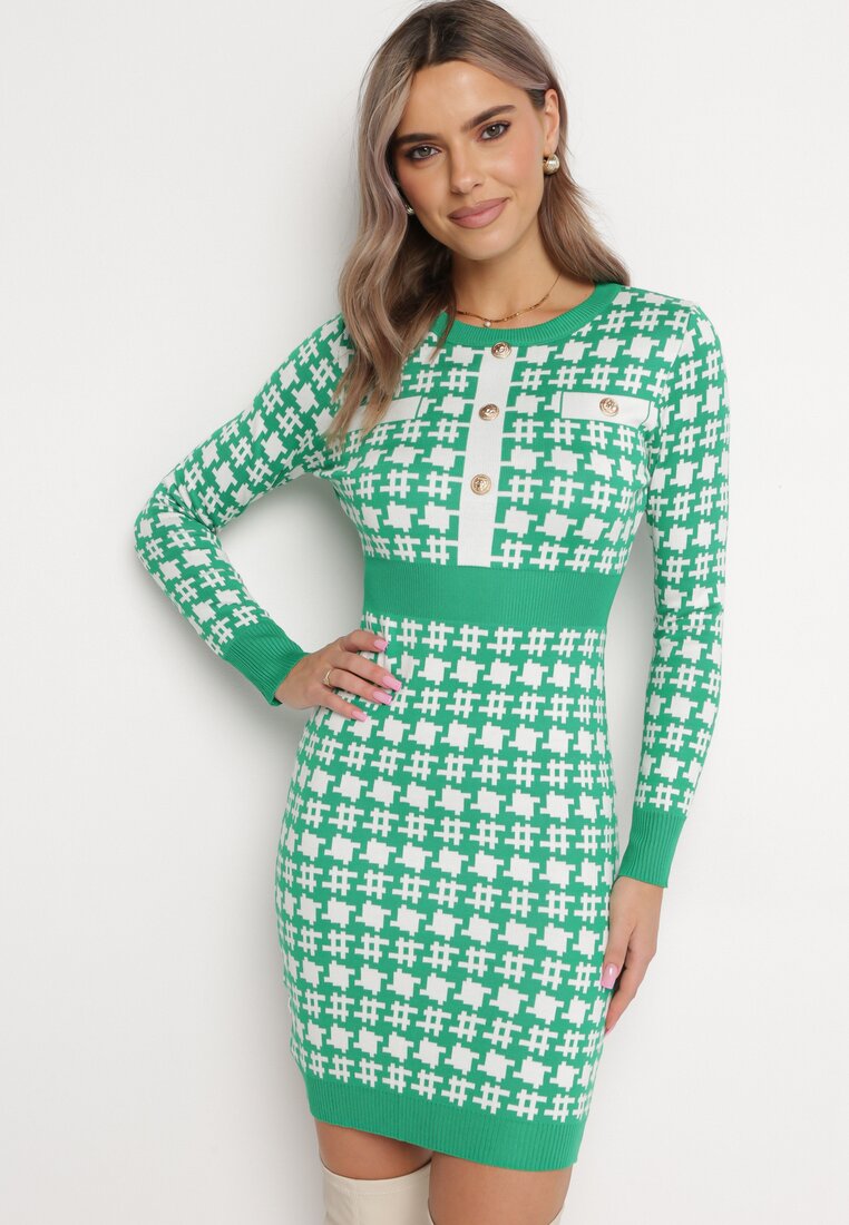 Rochie tricotată Verde cu nasturi Bileldeme
