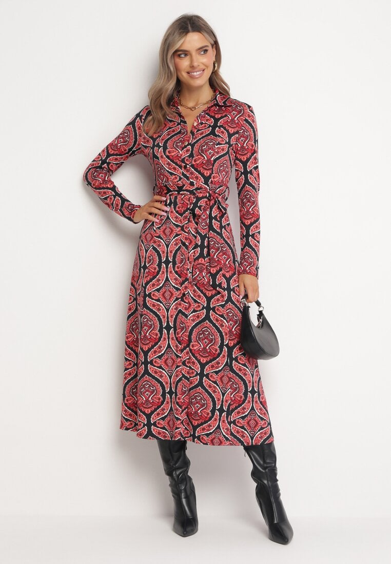 Rochie cămașă Roșie Cloș cu model Paisley Jeulia