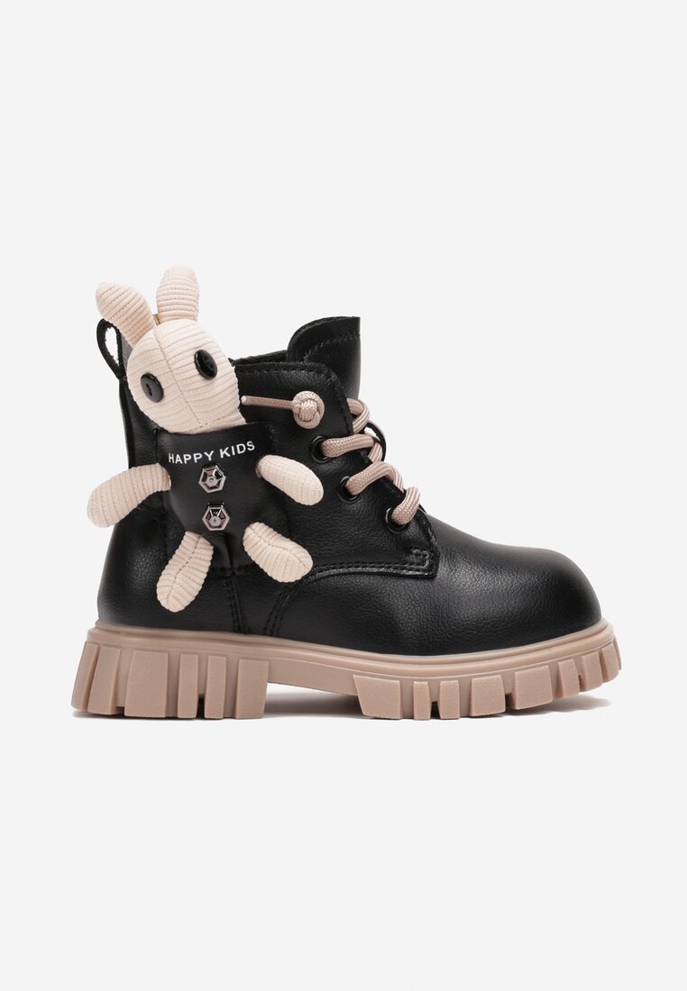 Ghete stil worker Căptușite Negru-Roz cu Talpă Groasă cu Iepuraș de Pluș Lepuste