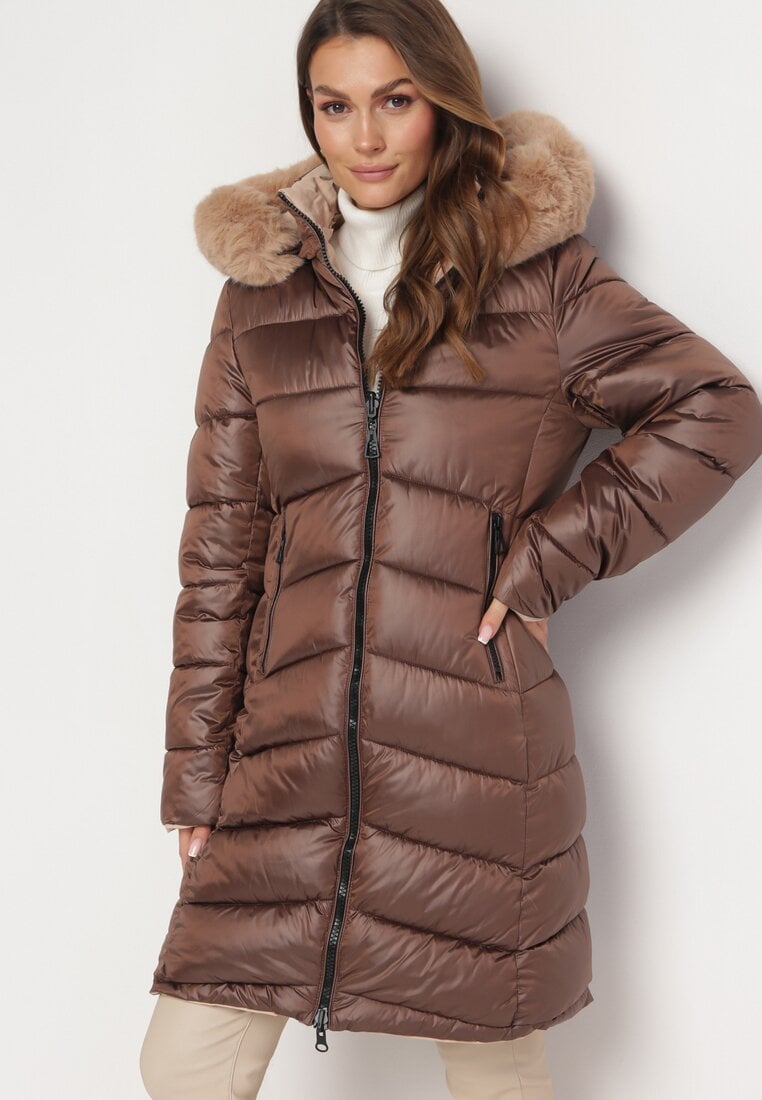 Geacă Maro Matlasată Reversibilă până la genunchi cu glugă și blană Niragres