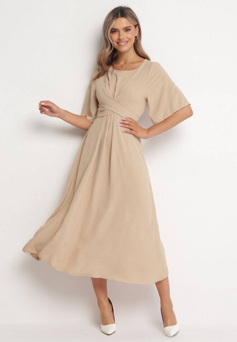 Rochie Maxi Bej închisă cu Legătură Decorativă și Elastic în Talie Myrcella